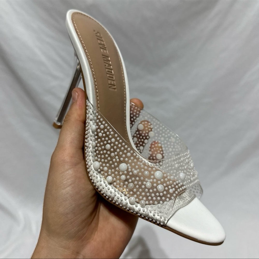 Steve Madden Peach PVC  Open Toe White Pearl Embellished Heels - Picture 8 of 9